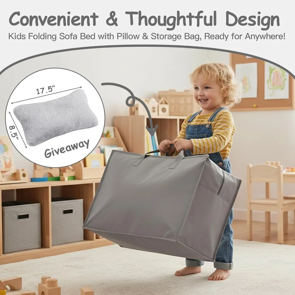 Convertible Folding Chair Bed Sleeper for Toddlers with Storage, Child Sofa Couch Futon, Fold-Up Mattress Bed for Kids