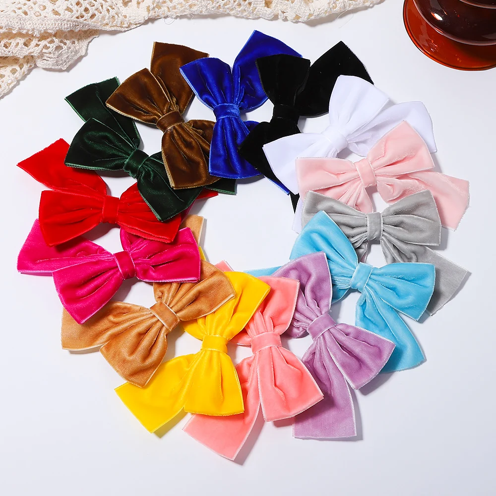 1Piece 4.3\'\' Solid Velvet Hair Bows For Girls Hair Clips Baby Boutique Hairpin Handmade Barrettes Headwear Kids Hair Accessories