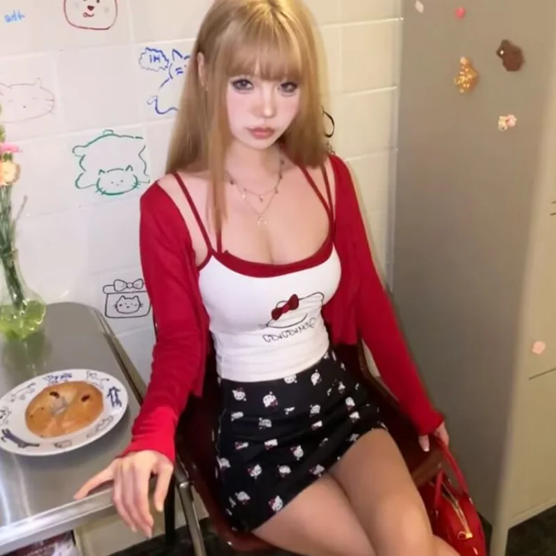 Комплект с юбкой на бретельках Kitty, популярная юбка для девочек, кардиган с принтом, Pure Desire, летний большой размер, облегающий вес, с высокой талией, на бедрах для девочек