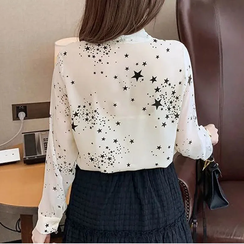 Sweet Lacing Bow Lady Slim Printed Shirt 2024 Spring and Summer Korean Elegant Chiffon Thin Long Sleeve Blouses Pullovers Female