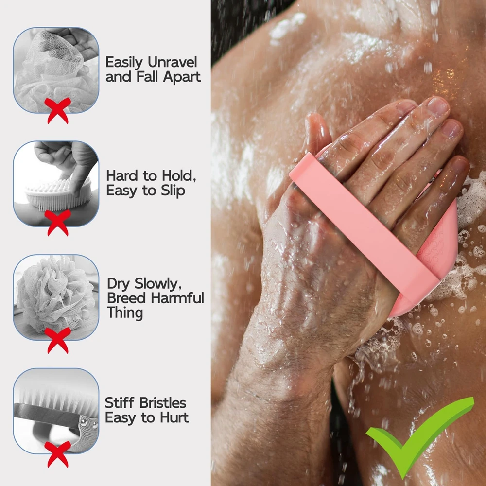 منظف الجسم من السيليكون مكون من 3 قطع من اللوف المضاد للبكتيريا، مقشر حمام للرجال والنساء أدوات استحمام باللون الأسود والوردي مع خطاف #5