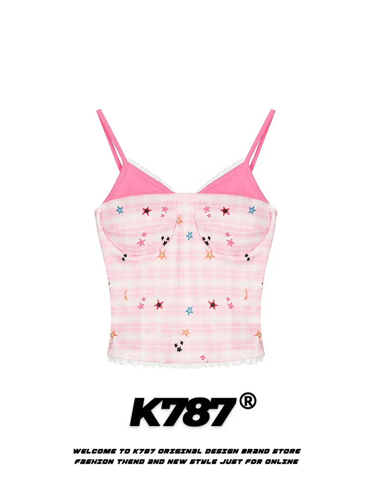 

K787 Spicy Girl BM Sle Dopane Star Print Plaid Strap Vest Women's Fake Two-Piece with Chest Pad ort Top Sweet Sle Sl...