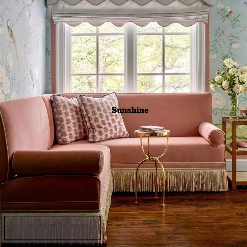 French retro style pink velvet fringed concubine sofa homestay bedroom leisure small sofa