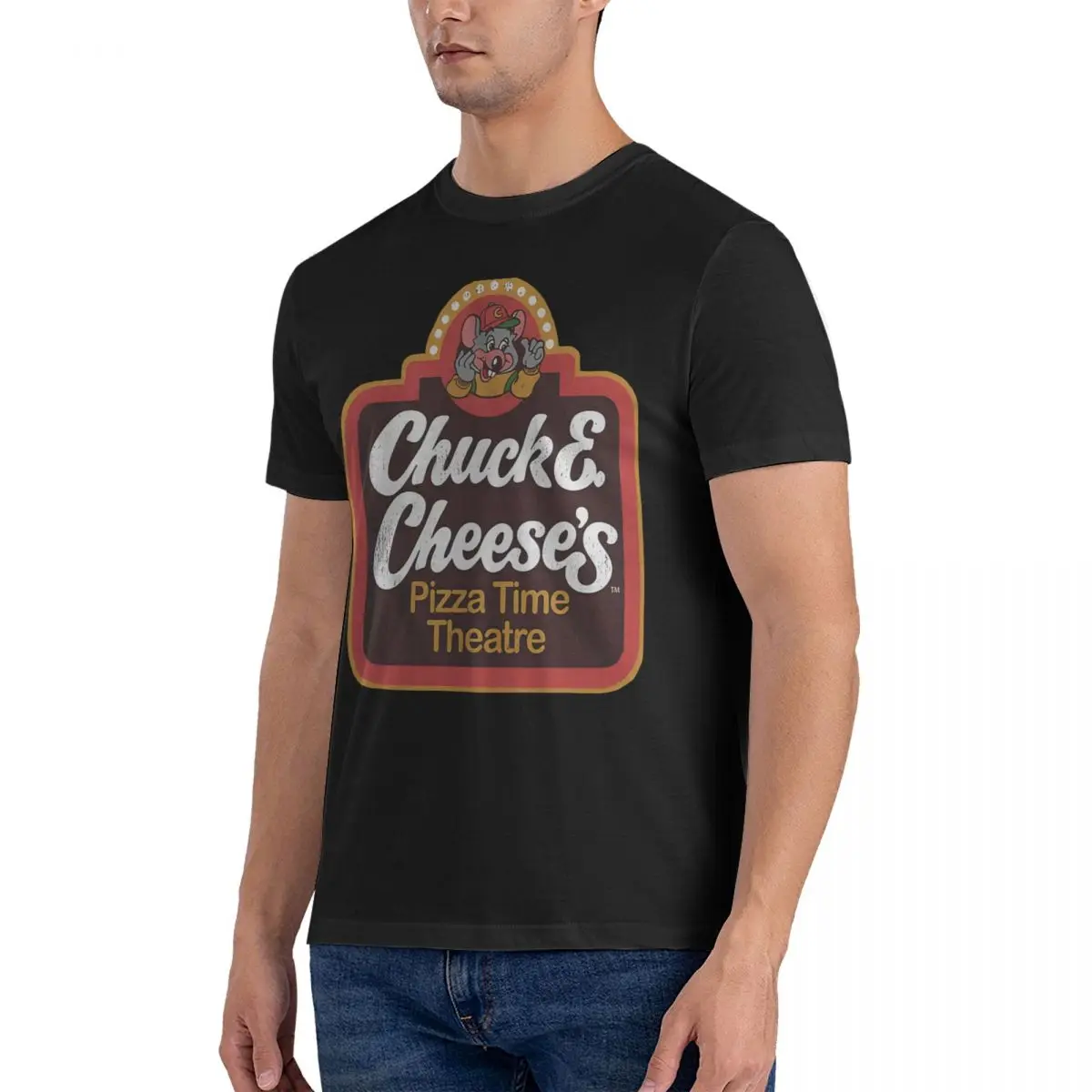 Men's T-Shirt Pizza-TIME-Theater- Awesome 100% Cotton Tee Shirt Short Sleeve Chuck E. Cheese T Shirt O Neck Clothes Printed