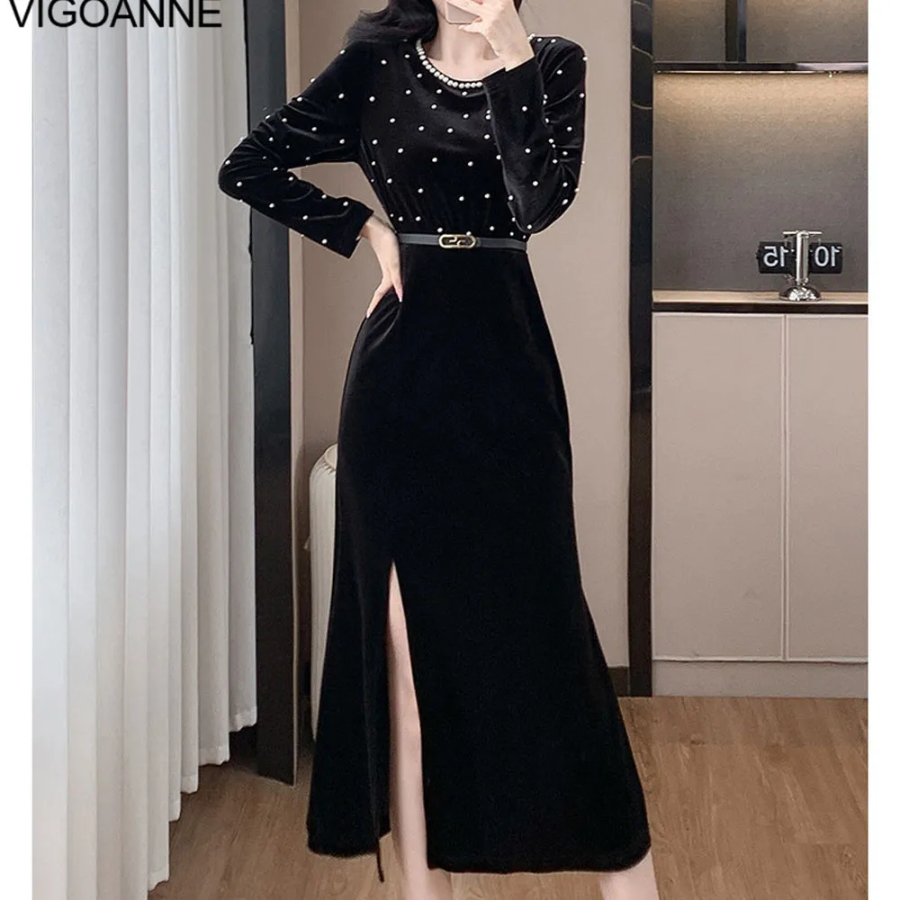 VigoAnne 2025 Spring Autumn Woman Black Velvet Dress Patchwork Slit Long Sleeve Dress Lady Black Evening Party Tight Long Dress