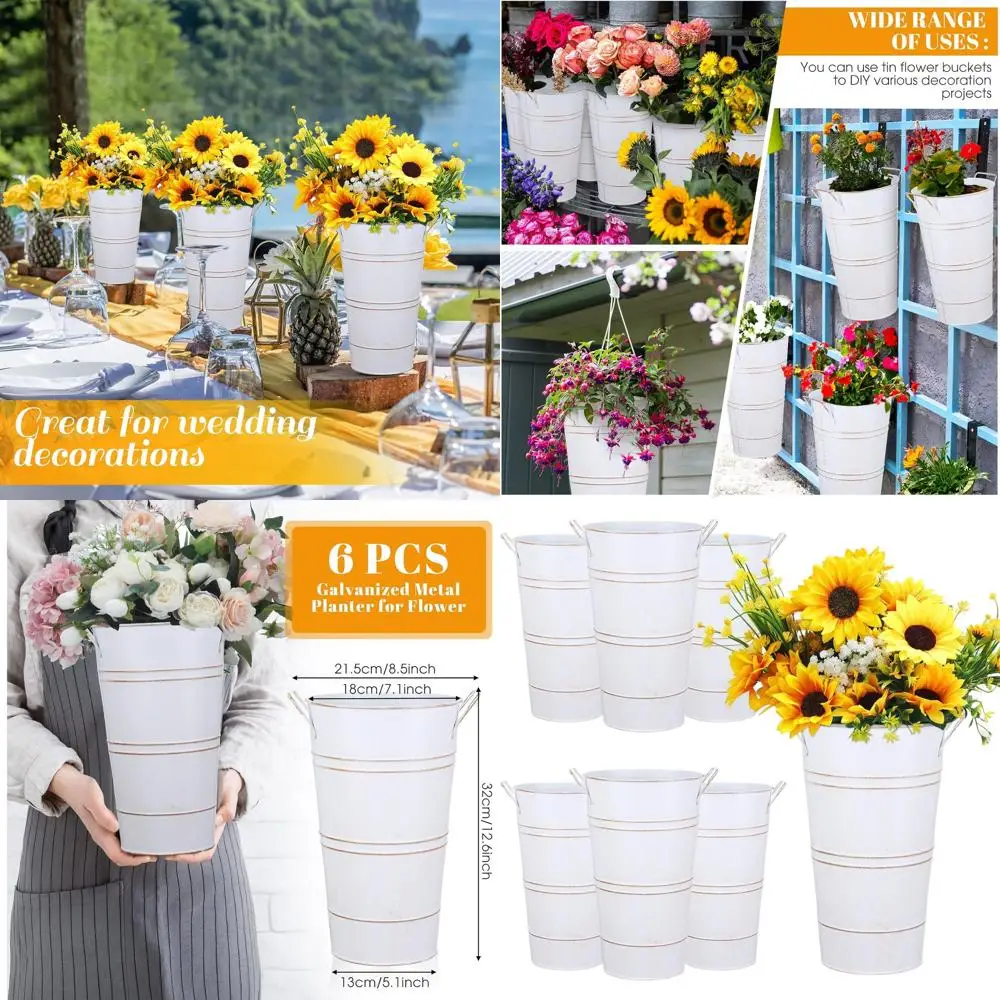 

Set of 6 White 12 Galvanized Metal Vases for French-Style Flower Arrangements, Suitable for Home Decor and Wedding Parties