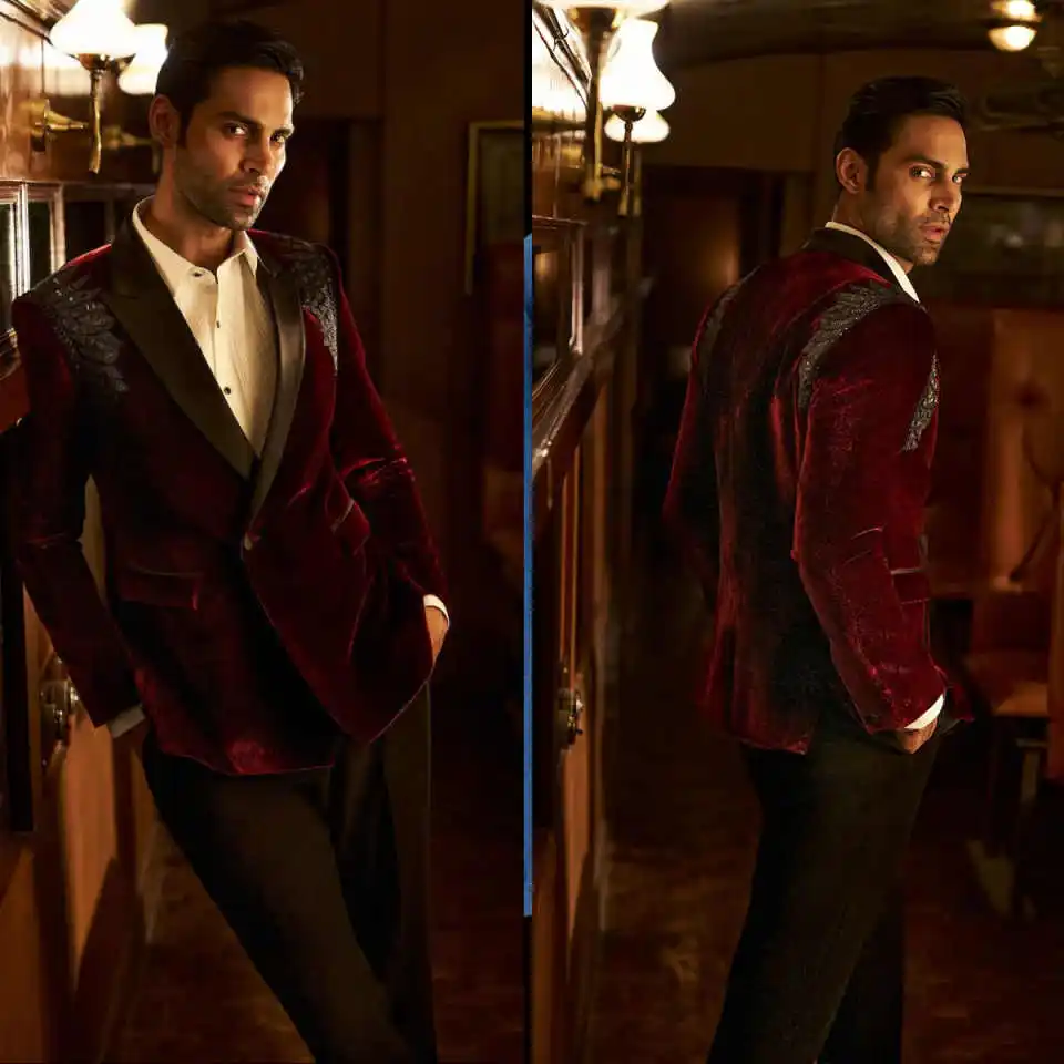 

Bright Wedding Tuxedos Velvet 2 Piece Set Beaded Men Suit Fashion Peaked Lapel One Button Evening Prom Grooms Blazers Customized