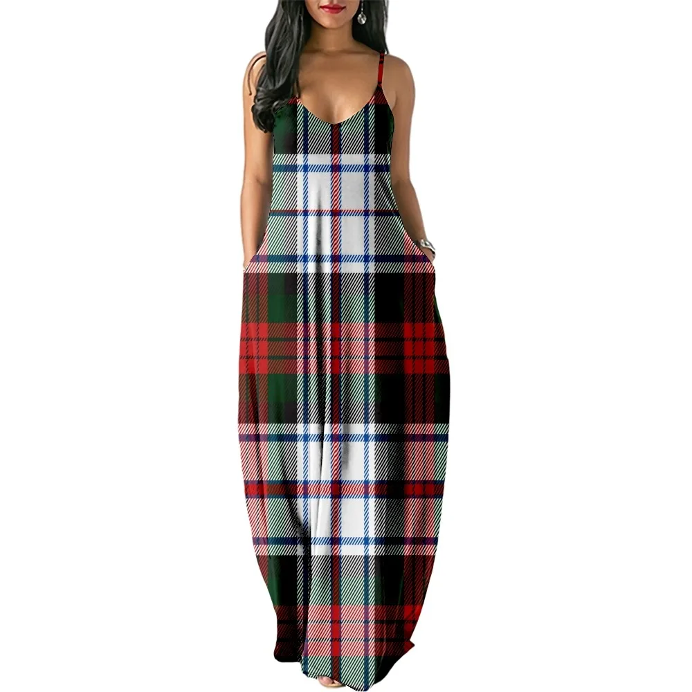 

2022 Lattice Print Women Casual Short Sleeve Camisole Dress Loose Long Double Pocket Beach Resort Dress-Woman Dress