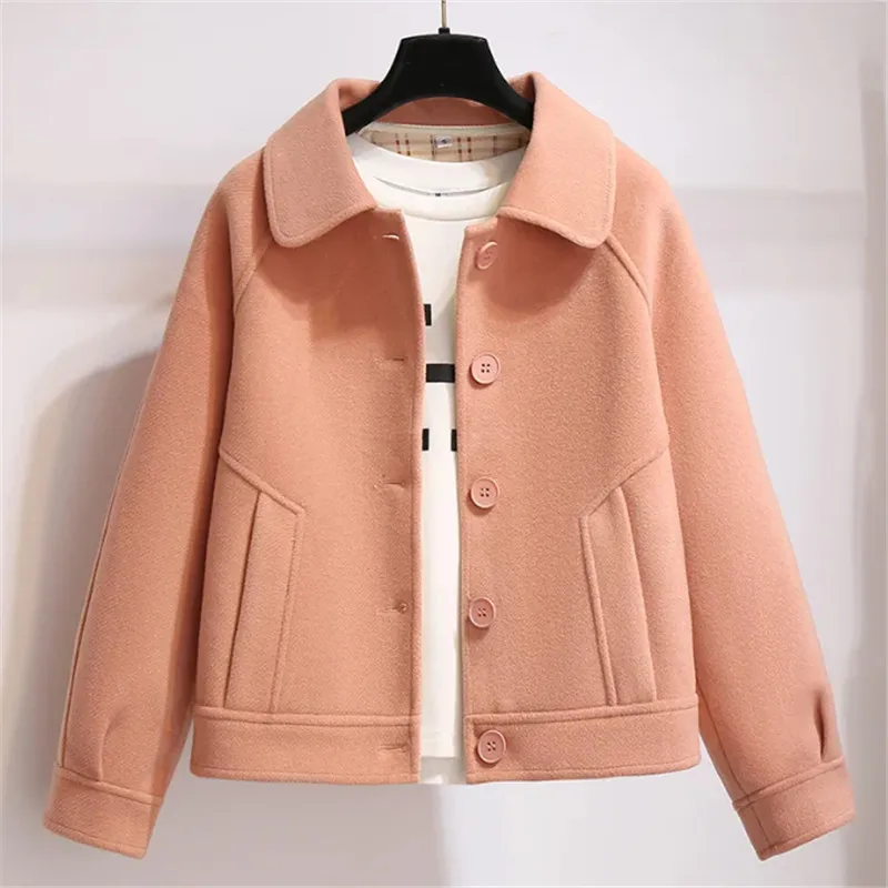 Spring Autumn Short Woolen Coat Women 2023 New Fashion Loose Turndown Collar Jacket Pure Colour Single-Breasted Outerwear Female