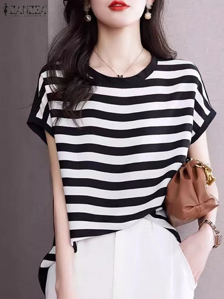 ZANZEA Women Short Sleeve Tops Fashion Stripe T-shirt 2024 Summer Patchwork O-neck Tunics Simple Holiday Dropped Shoulder Tees