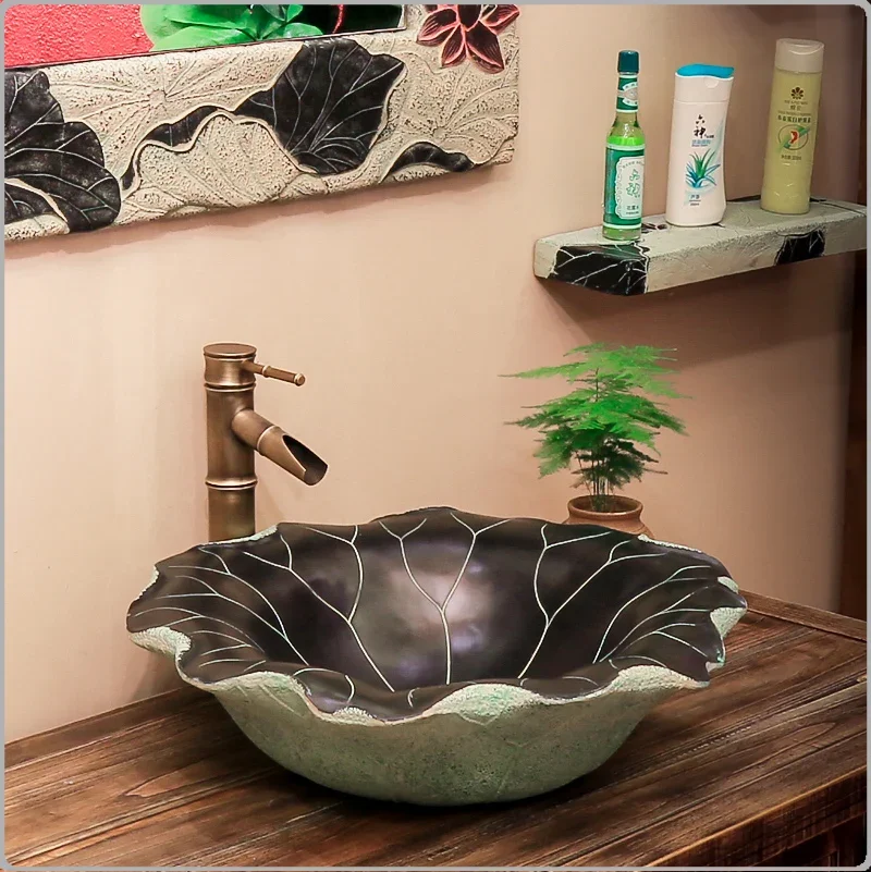 Modern Chinese classical minimalist wash basin above counter hotel bathroom balcony art washbasin lotus leaf  LW01016547