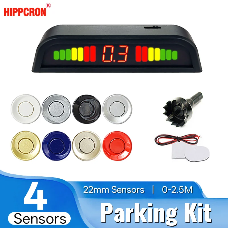 Hippcron Car LED Parking Sensor Kit Backlight Display Switch Reverse Backup Monitor Detector System With 22mm 4 Sensors 8 Colors