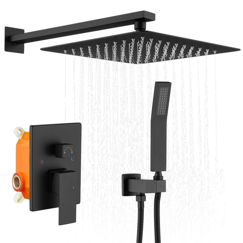 

12" Rainfall & Handheld Shower System Wall Mounted, Matte Black with Brass Valve Rough-In