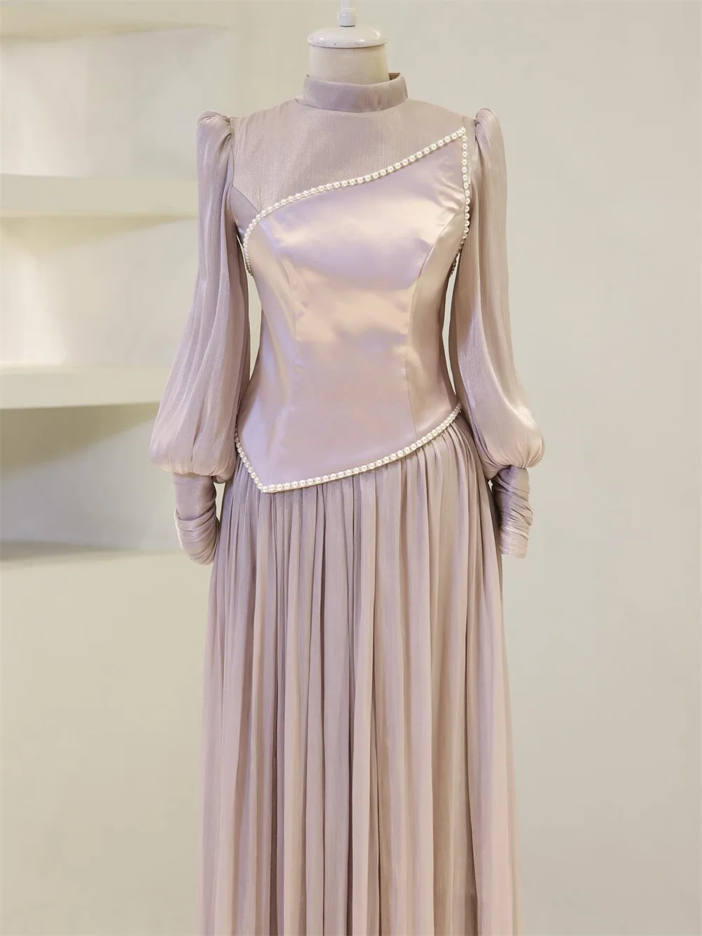 Mila Puff Sleeve Pearl Prom Dresses High Neck Draped Customized Evening Dresses Elegant Floor-Length vestidos de fiesta 2025