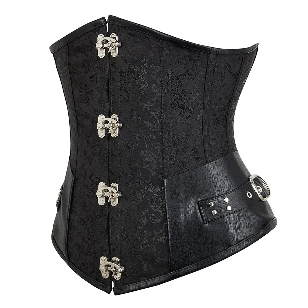 Steampunk Underbust Corset Leather Pirate Bustiers Belt Lace-Up Back Jacquard Corsets Vintage Top for Women Black Brown