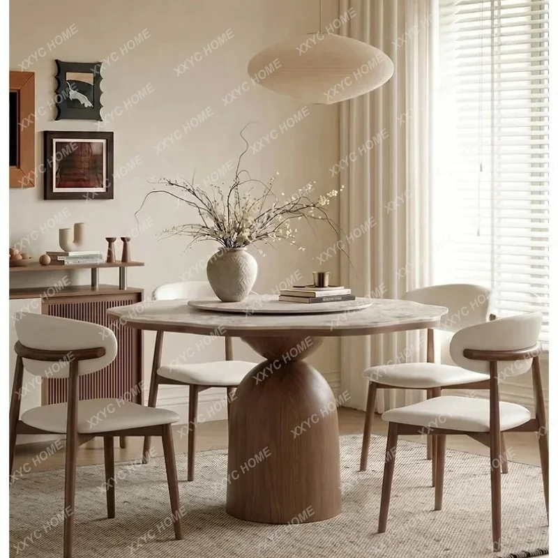 XX Monet Garden Style Round Marble Dining Table With Lazy Susan, Scratch & Heat Resistant Walnut Color Tabletop For Home Kitchen