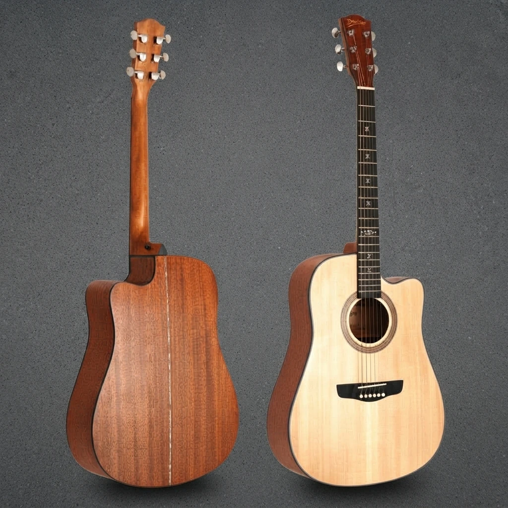 6 String Cutaway Guitar, Acoustic Folk Style, Natural Top Brown Back, Cross Inlay, Chrome Tuners, White Pins for Practice