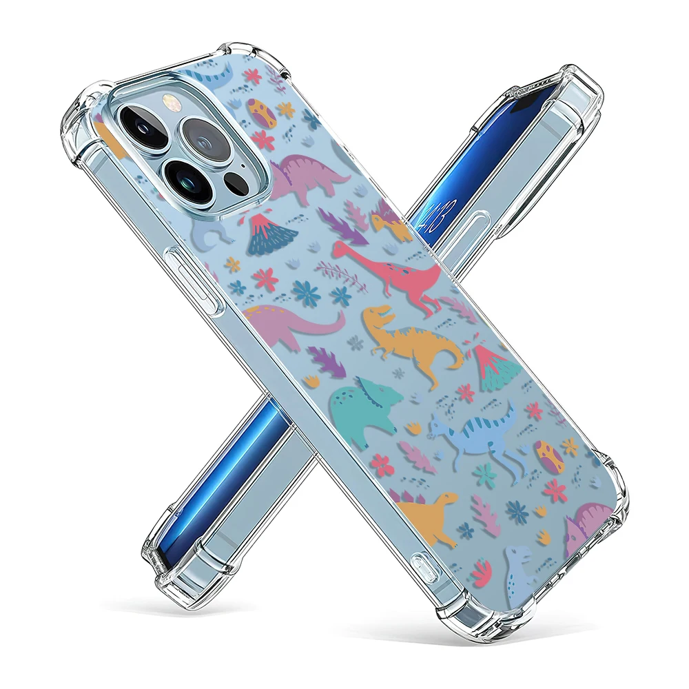 Custodia per telefono dinosauro divertente a colori per iPhone 15 14 13 12 11 Pro X XS XR Max 7 8 Plus SE 2 3 Mini Cover antiurto in TPU trasparente