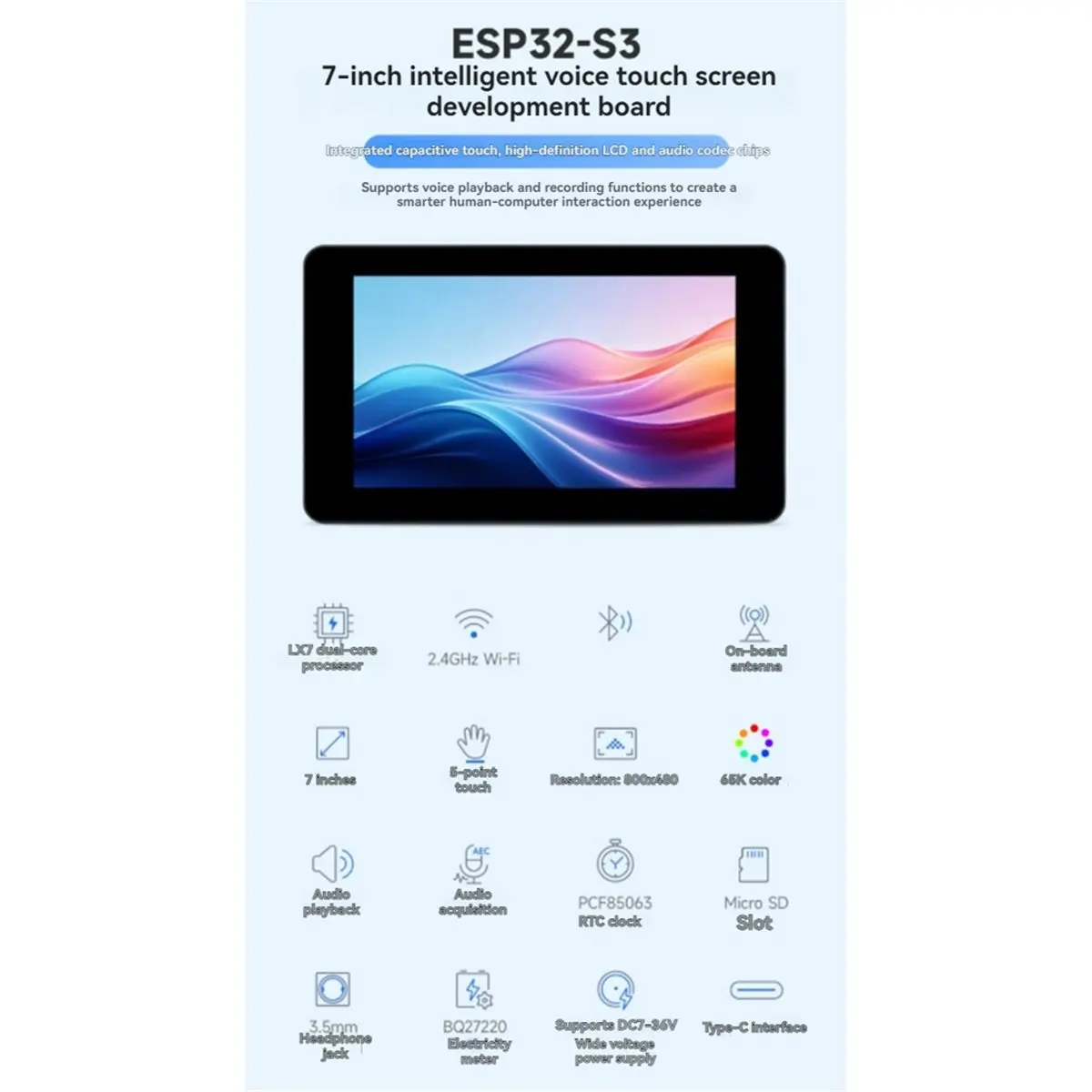 - 7 Inch Touch LCD Development Board IPS Display 5-Point Touch Voice AI Smart Screen