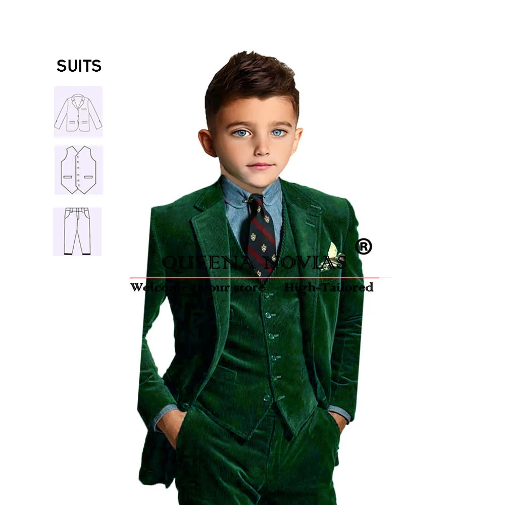 

Elegant Boy's Green Corduroy Suits Tailored Single Breasted Jaket Vest Pants 3 Pieces Formal Party Children Tuxedos For Wedding