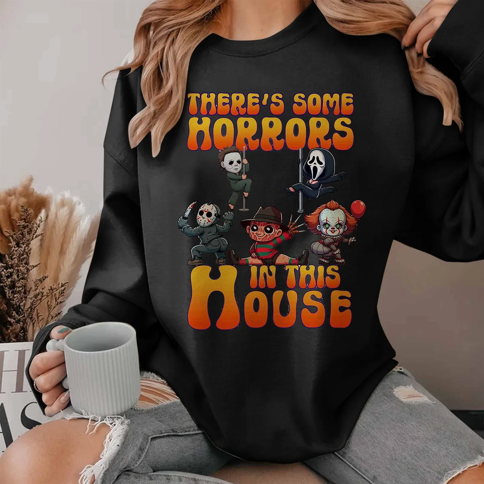 

Women's Sweatshirt Casual Halloween Printed Hoodless Sweatshirt Round Neck Long Sleeve Top Horror Pattern Print Pullover Tops