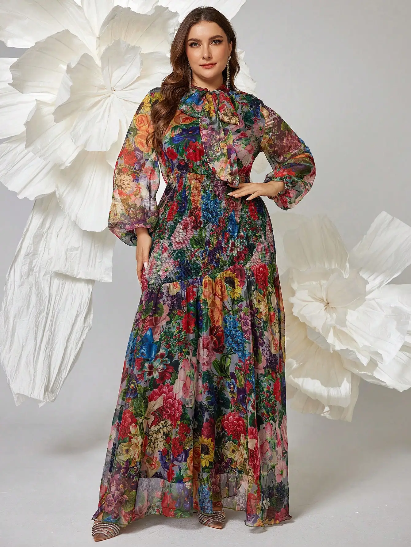 

Plus Size Women Floral Print V-Neck Lantern Sleeve Floor Length Maxi Dress