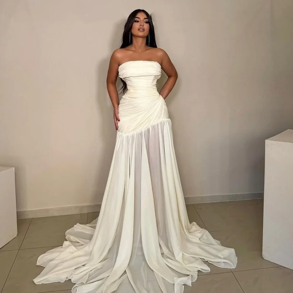 

Customized Modern Style Matching Chiffon Ruched Straight Strapless Long Dresses Bespoke Occasion Dresses High Quality Fashion