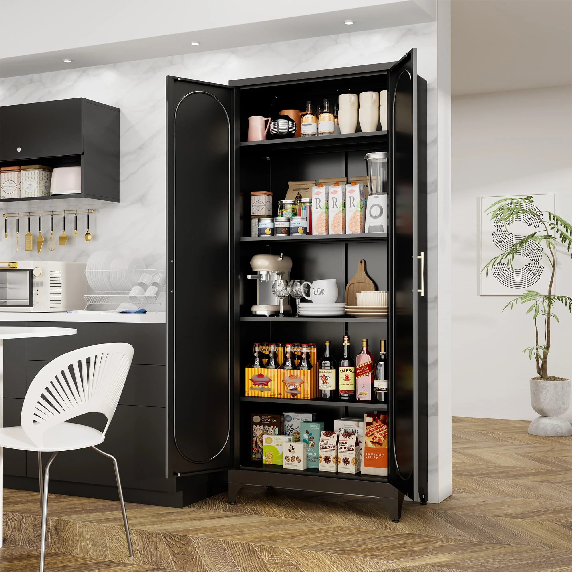 Polup 75"H Modern Kitchen Cabinet with 2 Doors and Adjustable Shelves White Metal Pantry Cupboard for Garage and Home