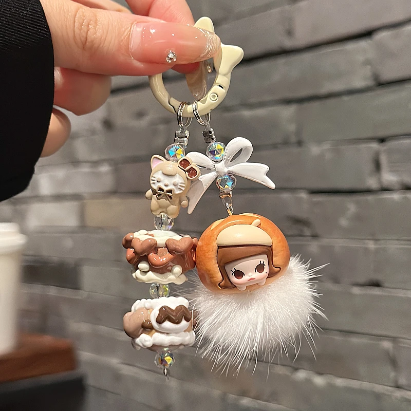 New Pop Bean Baked Bread Diy Molly Labubu Fluffy Plush Ball Phone Chain Student Cute Keychain Girl Bag Cars Key Pendant for Gift