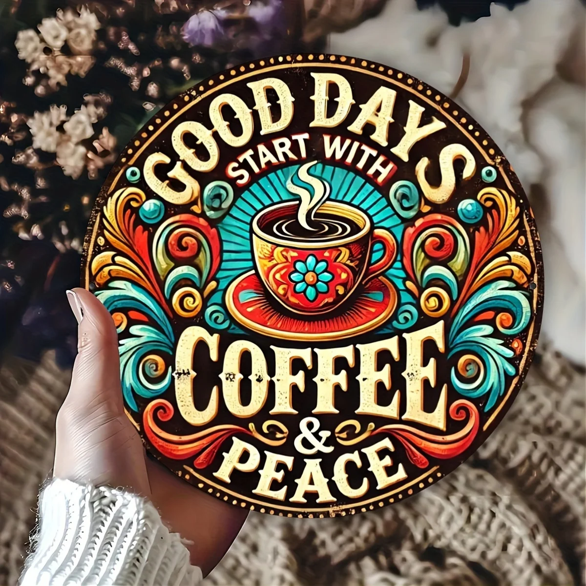 Good Days Start With Coffee & Peace Vintage Round Tin Sign, 1pc 2D Flat Colorful Coffee Cup Decorative Metal Plaque, 20x20 Kitch