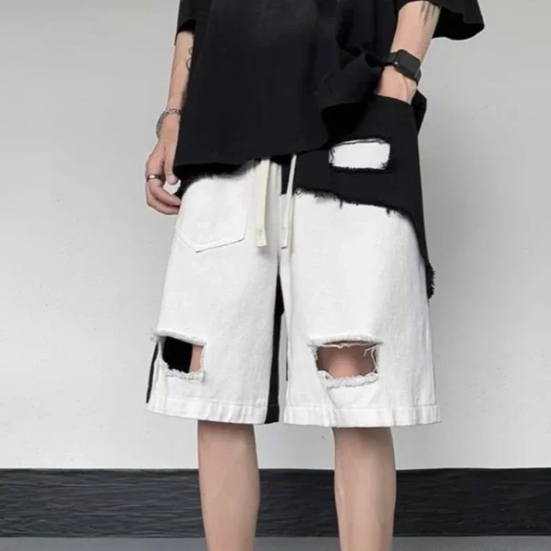 

With Pockets Ripped Wide Short Jeans Pants for Men Oversize Drawstring Half Baggy Bermuda Long Man Denim Shorts Big Size Loose