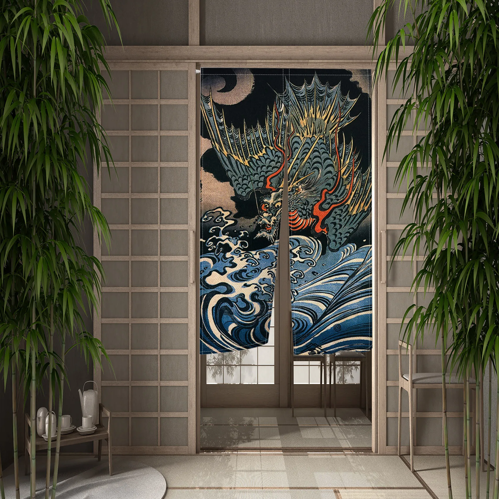 Traditional Japanese Door Curtain Dragon Pattern Oriental Mythology Linen Home Entrance Interior Partition Decor Half Curtain