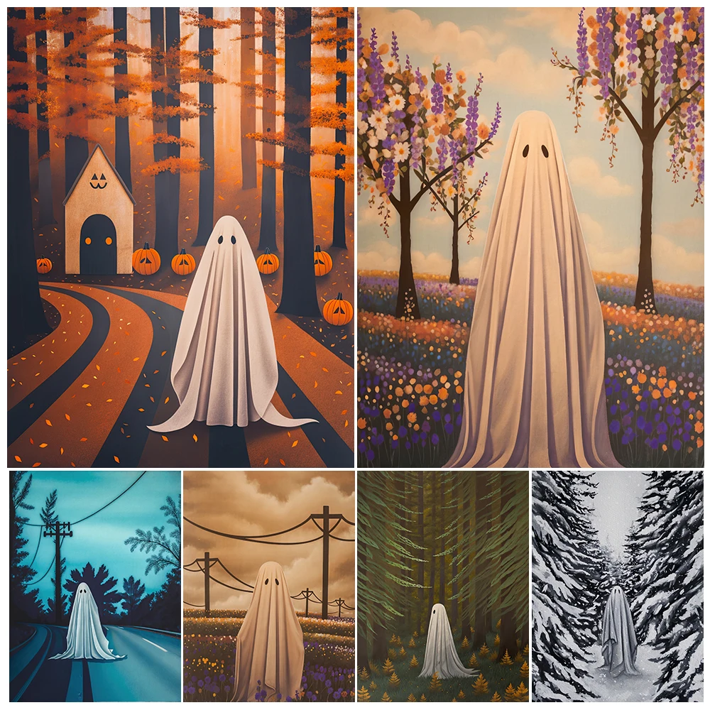 The Ghost Family On A Picnic Vintage Canvas Wall Art The White Ghost In The Flower Field Art Poster And Print Home Decoration