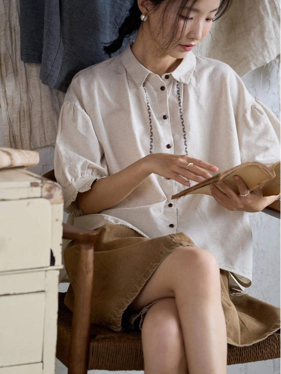 2025 New Women's Cotton Linen ort Sve Embroidered irt Loose Fit Vintage Design Summer Top Commute Sle Regular Length