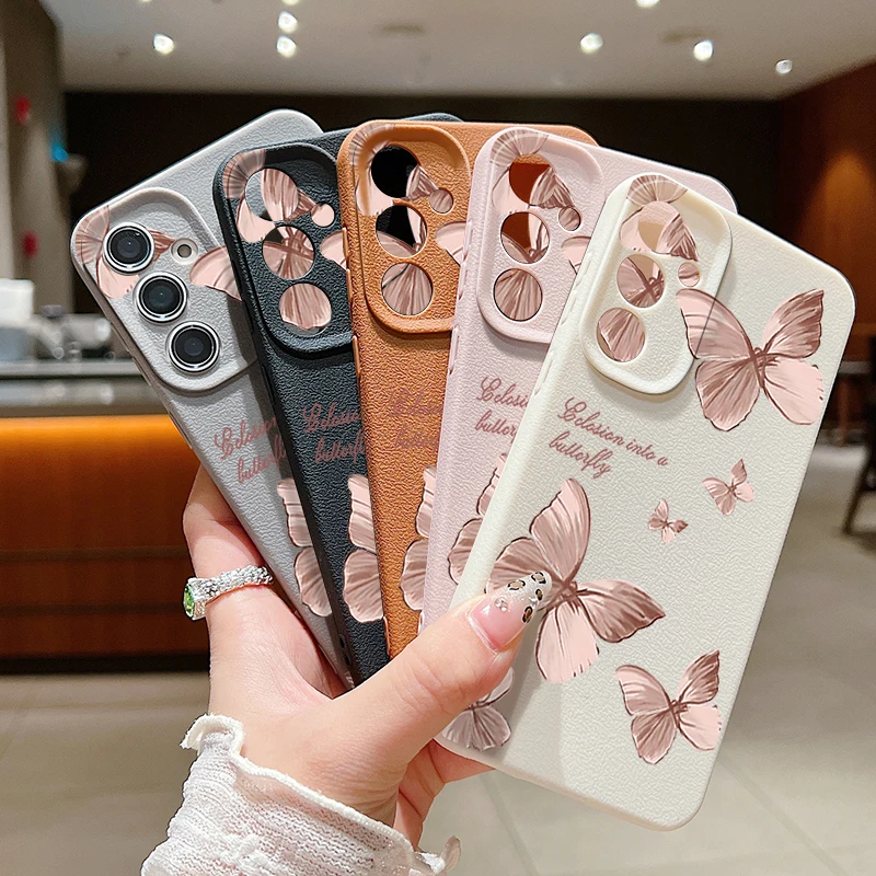 حافظة لهاتف سامسونج جالاكسي S25 S24 S23 Ultra S24 S25 FE S22 S21 Plus غطاء خلفي بنمط الفراشة الوردية