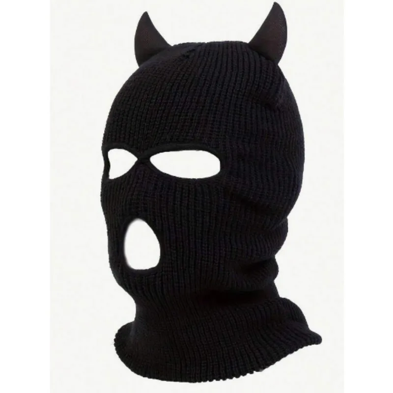 Men's Knitted Horns Hat With Three Holes, Balaclava Cap,Suitable For Outdoor Activities In Spring And Autumn, Windproof And Warm