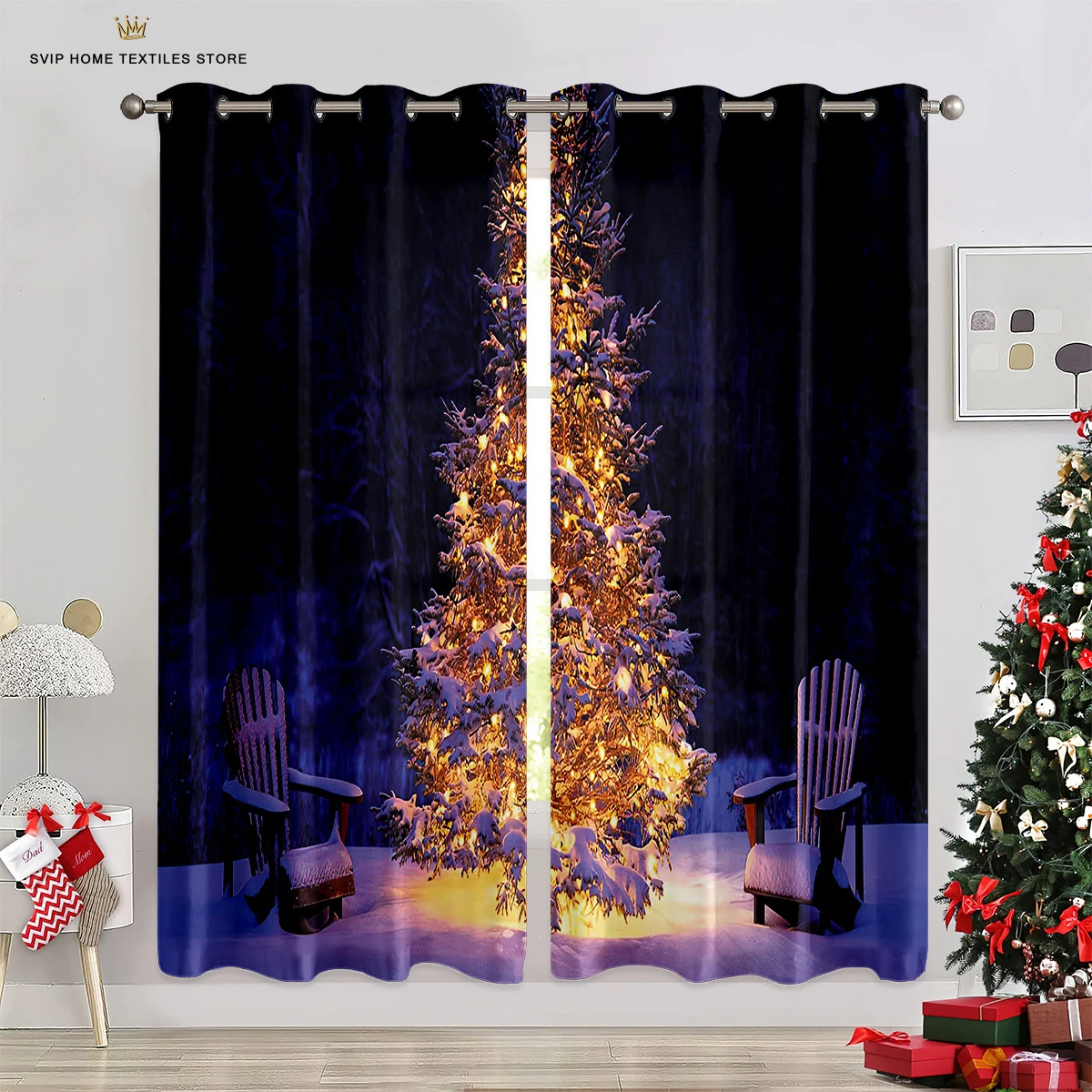 Christmas Tree Lights Curtains, Snowman, Snowflakes, 3D Printed, Holiday Party Decoration, Can Be Customized, 2 Pcs