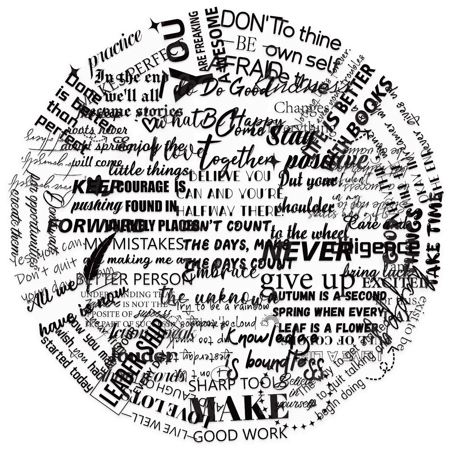 

50PCS Transparent and Inspiring Black and White English Phrases Graffiti Sticker Decoration Laptop Phone Cup Skateboard Kid Toys