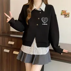 Korean Polo-Neck Sweatshirts Female Clothing Fake Two Pieces Spring Autumn Loose Asymmetrical Chic Striped Patchwork Pullovers
