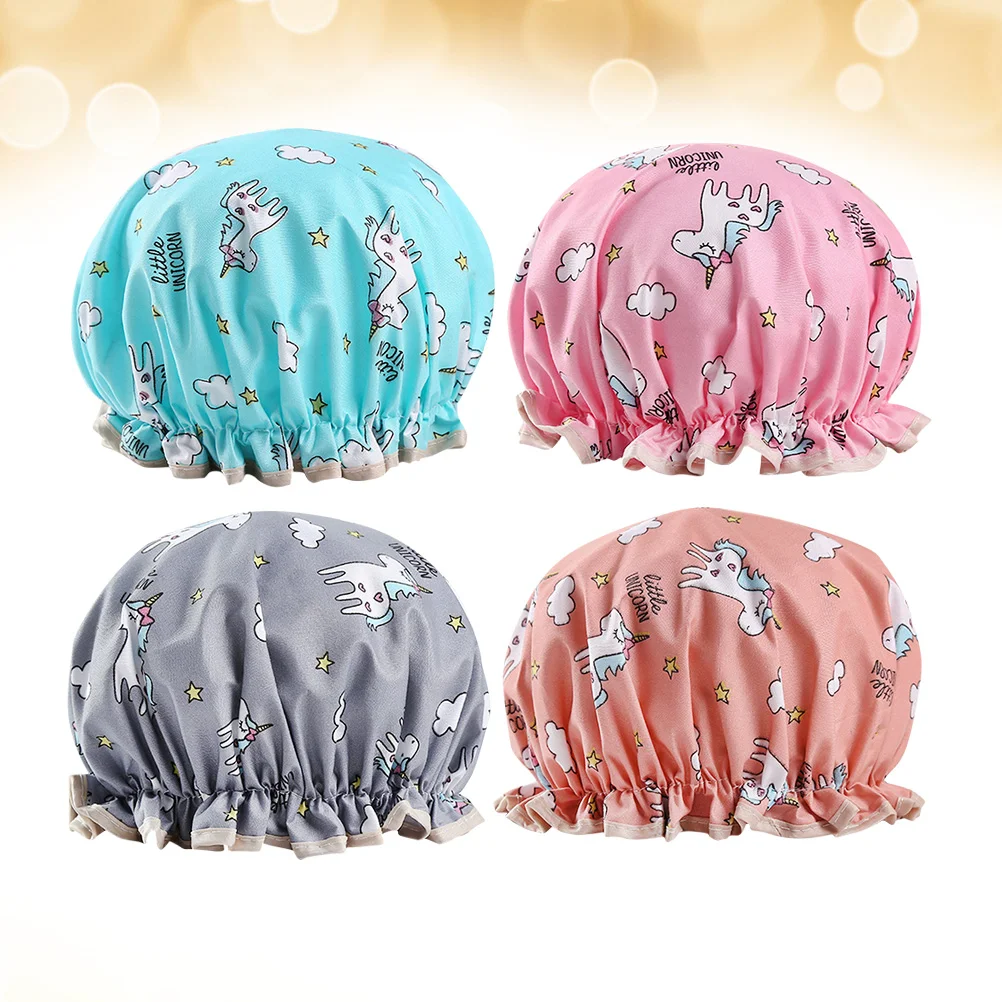 

4pcs Lovely Shower Caps Waterproof Bathing Caps Breathable Hat Printing Bath Shower Hats Bathroom Accessories (Blue,
