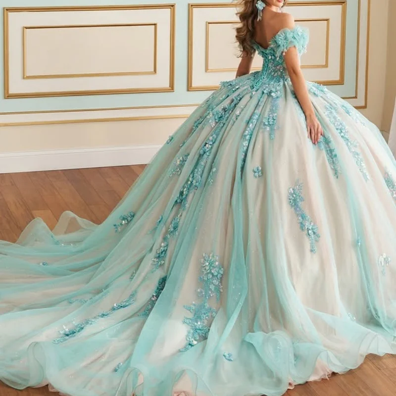 lichtblauwe Quinceanera Jurk off-shoulder bloem glitter sticker Lange staart vestidos de 15 Quinceanera ﻿ Aanpassen
