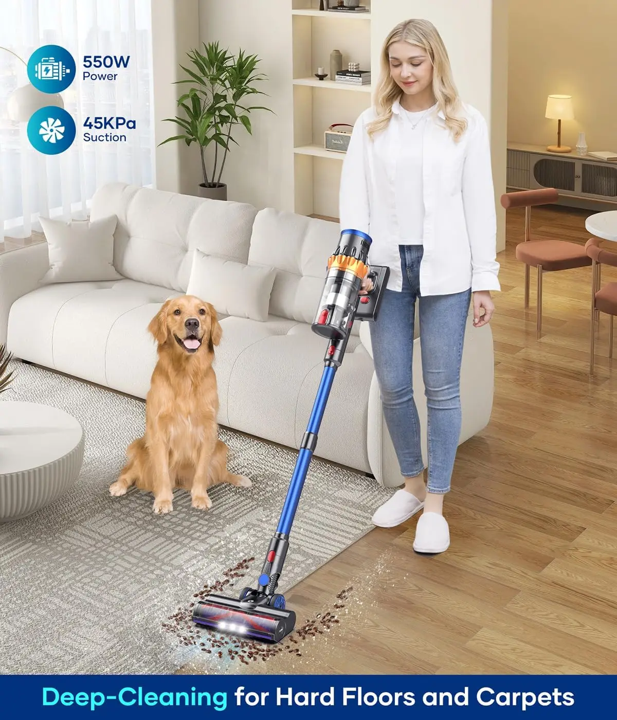 Cordless Vacuum Cleaner, 550W/45Kpa Stick Vacuum with Touch Screen, MAX 65Mins Runtime Vacuum Cleaner for Home, Anti-Tang