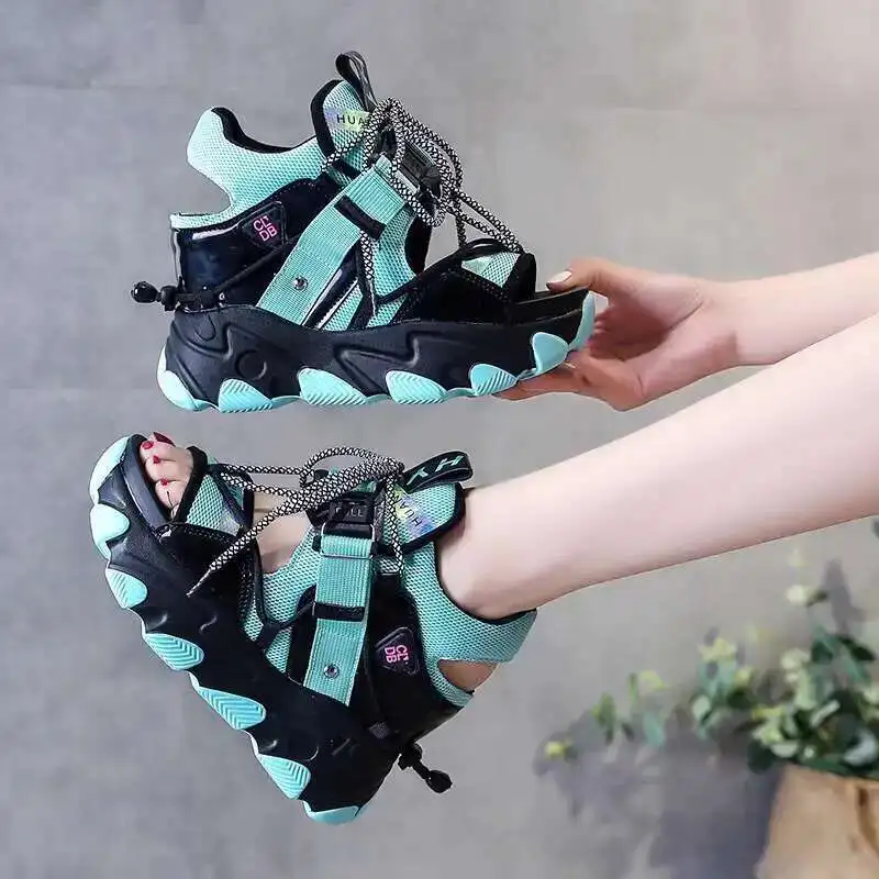 

Chunky Sneakers Women Sandals New 2025 Autumn Wedge Platform Sports Dad Shoes Woman Lace Up Breathable Mesh Casual Shoes 9CM