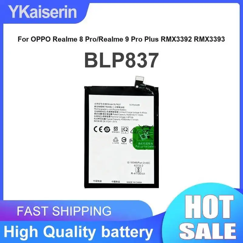 

Mobile Phone Battery For Oppo Realme 8 Pro Realme 9 Pro Plus RMX3392 RMX3393 Portable BLP837 4500mAh