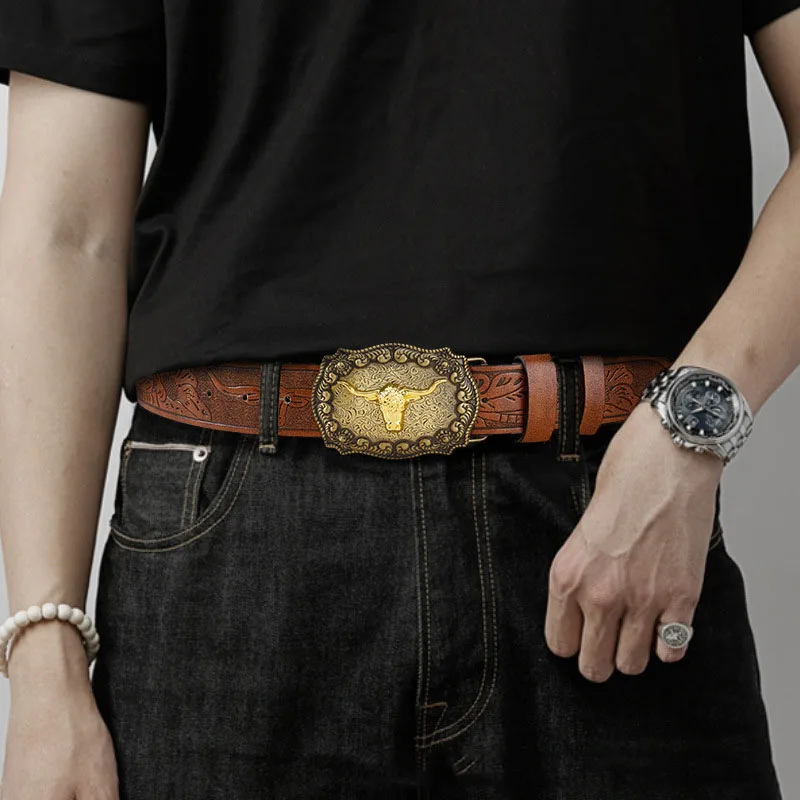 Belt men's and women's new social western denim buckle durable fried street american high-end outer pants belt