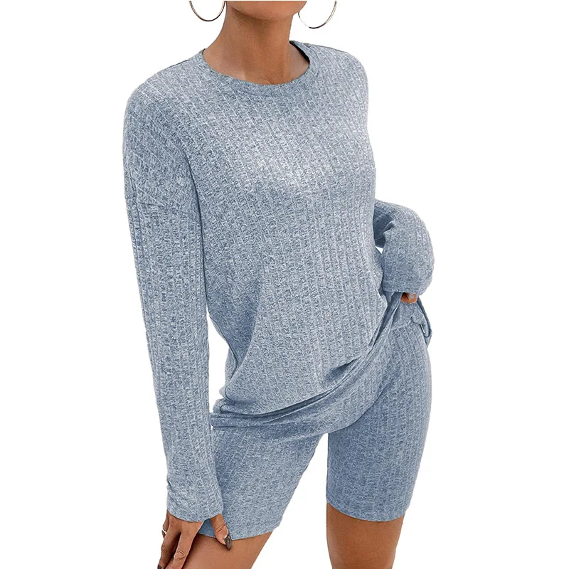 2023 Spring and Autumn Women's New Fashion Casual Commuter Set Round Neck Long Sleeve Top Shorts Comfortable Two Piece Set