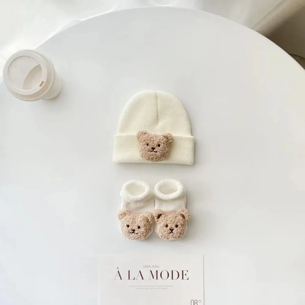 2PCS/Set New Cartoon Baby Hat Socks Winter Knitted Cute Animal Pullover Hats Beanies Woolen Warm Newborn Short Socks Boy Girl