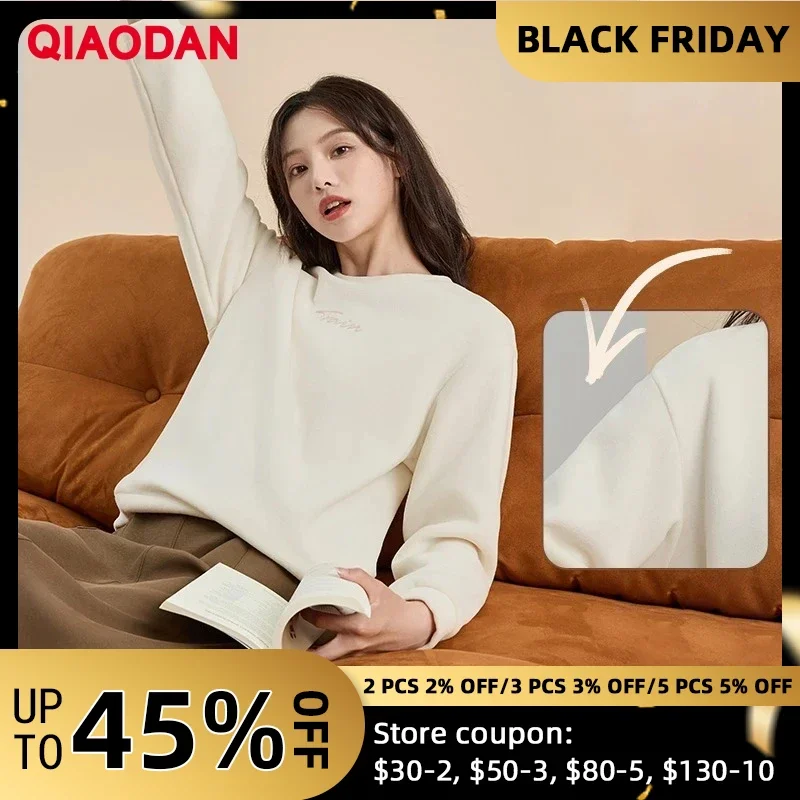 

QIAODAN Women Sportswear Pullover Trends 2025 Winter New Model Fleece Warm Top Round Neck Solid Comfort Sweatshirts QXEWD2244024
