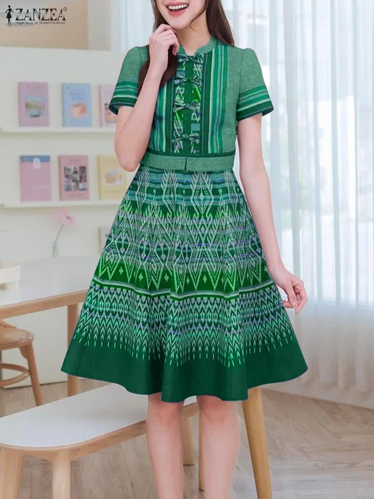 2025ZANZEA Vintage Frauen Druck Kleider Kurze Puff Sleeve Casual Urlaub Partei Sommerkleid Mode Stehen Kragen Lose Vestidos Robe