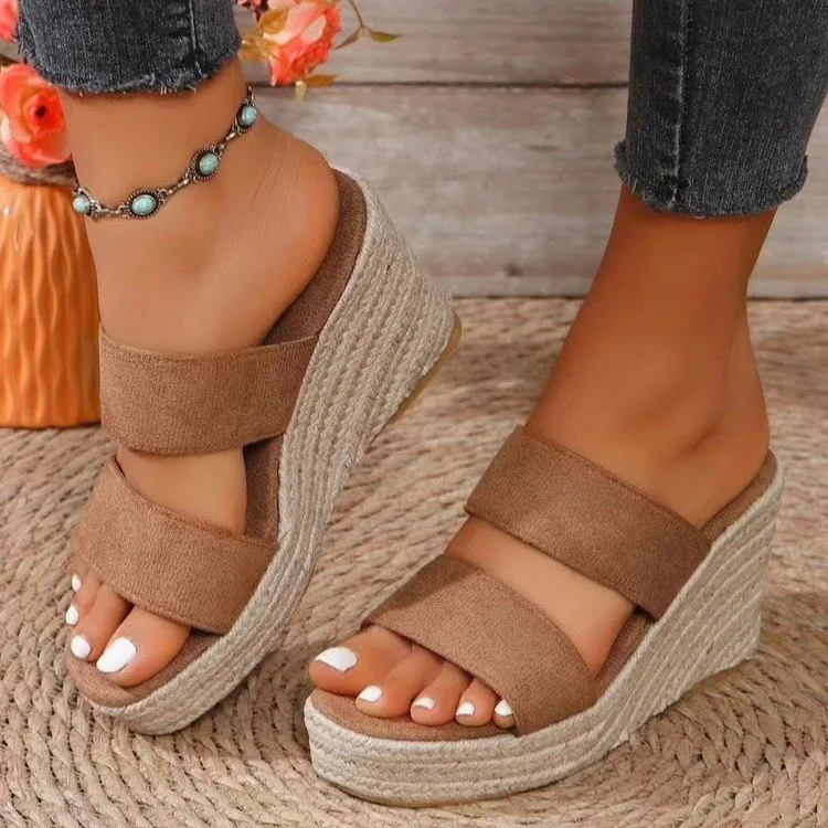 2024 new summer European and American foreign trade wedge-heeled thick-soled sandals large size one-word casual fish mouth thick